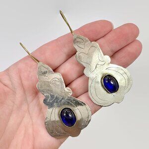 Blue Glass, Afghan, Vintage Earrings, Big, 3" Long, Kuchi, Middle Eastern